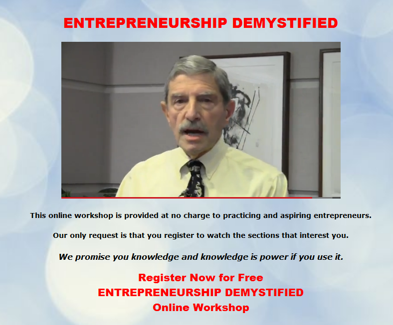 Screen shot promo of Entrepreneurship Demystified online Workshop with video thumbnail of presenter Bob Calvin
